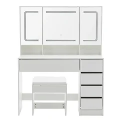 Coiffeuse 100x40x130 cm avec miroir LED et tiroirs, finition blanche en MDF, ensemble avec tabouret