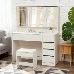Coiffeuse 100x40x130 cm avec miroir LED et tiroirs, finition blanche en MDF, ensemble avec tabouret
