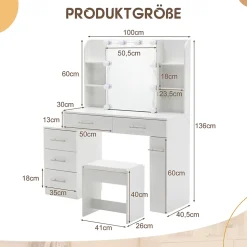 Coiffeuse 100x40x130 cm avec miroir LED 3 températures et tiroirs modulables, blanc mat, style contemporain