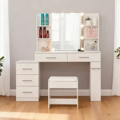 Coiffeuse 100x40x130 cm avec miroir LED 3 températures et tiroirs modulables, blanc mat, style contemporain