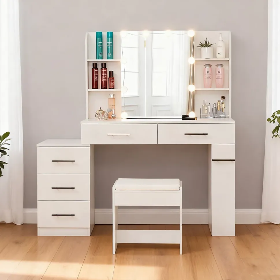 Coiffeuse 100x40x130 cm avec miroir LED 3 températures et tiroirs modulables, blanc mat, style contemporain