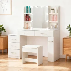 Coiffeuse 100x40x130 cm avec miroir LED 3 températures et tiroirs modulables, blanc mat, style contemporain