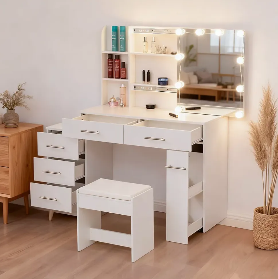 Coiffeuse 100x40x130 cm avec miroir LED 3 températures et tiroirs modulables, blanc mat, style contemporain
