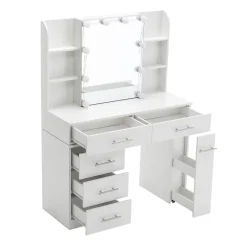 Coiffeuse 100x40x130 cm avec miroir LED 3 températures et tiroirs modulables, blanc mat, style contemporain