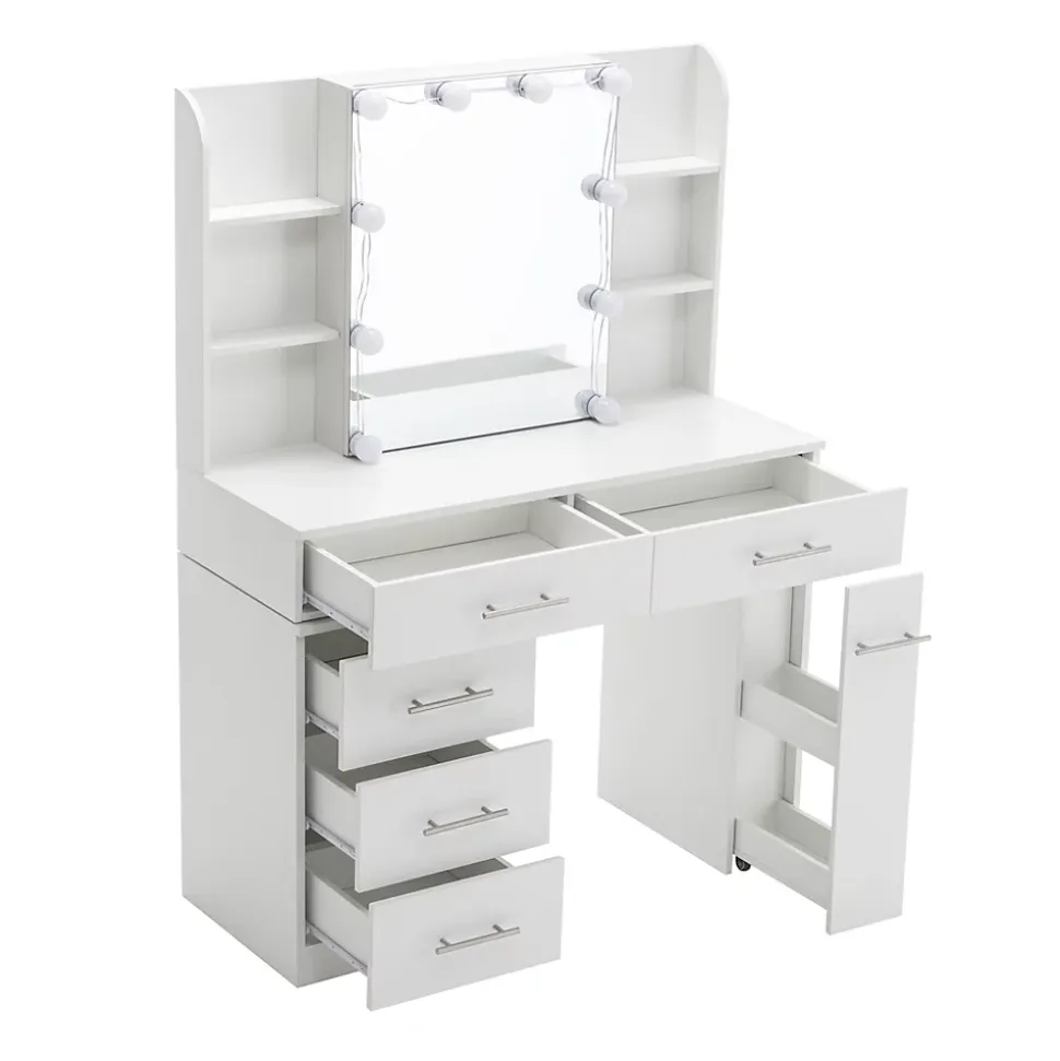 Coiffeuse 100x40x130 cm avec miroir LED 3 températures et tiroirs modulables, blanc mat, style contemporain