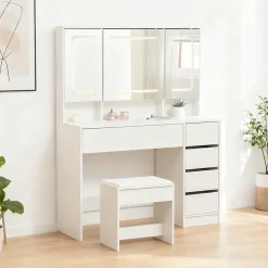 Coiffeuse 100x40x130 cm avec miroir LED 3 températures et tiroirs modulables, blanc mat, style contemporain
