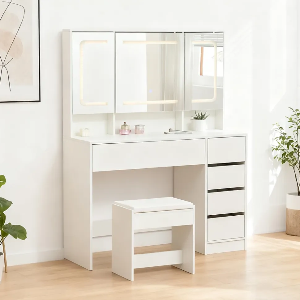 Coiffeuse 100x40x130 cm avec miroir LED 3 températures et tiroirs modulables, blanc mat, style contemporain