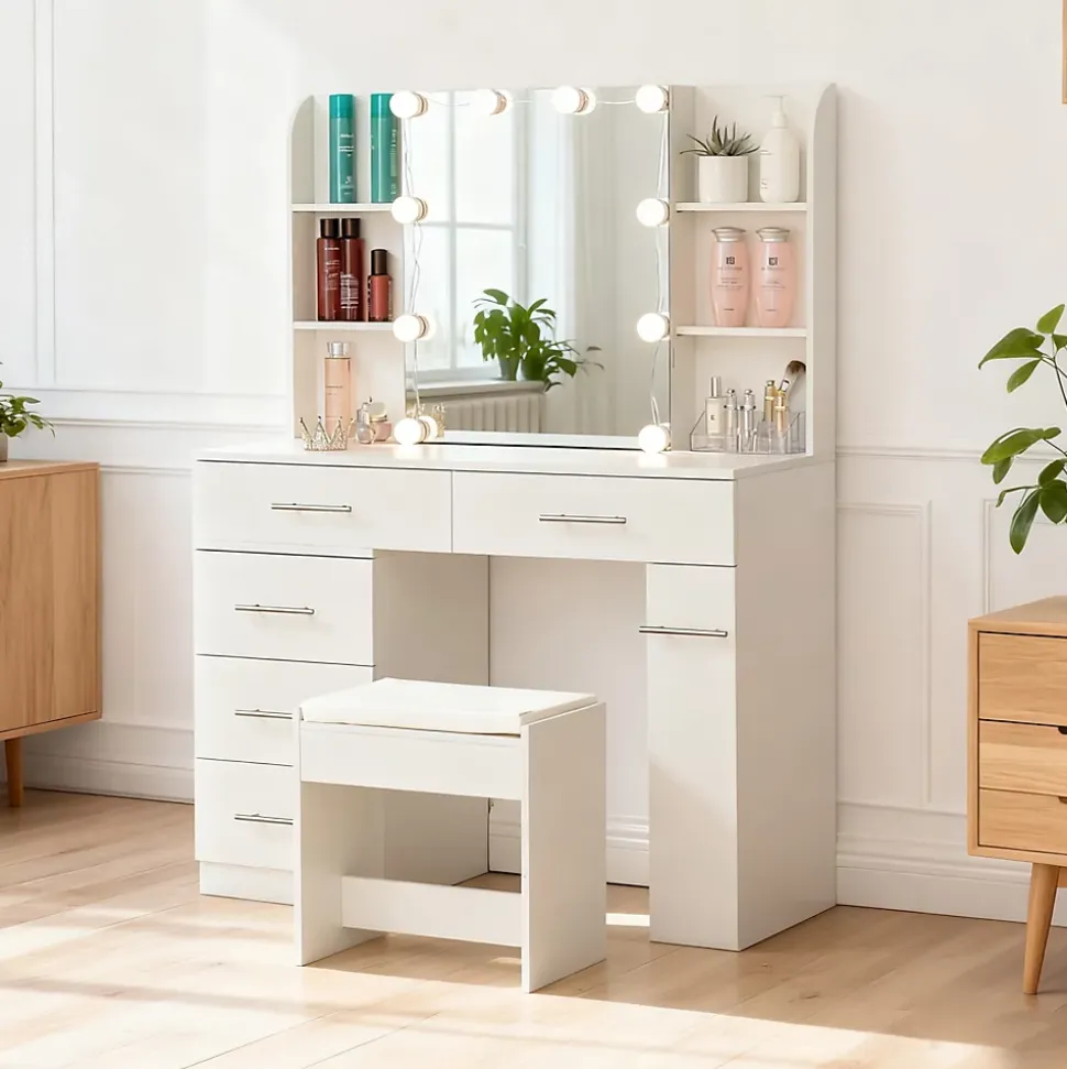 Coiffeuse 100x40x130 cm avec miroir LED 3 températures et tiroirs modulables, blanc mat, style contemporain