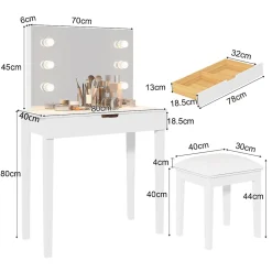 Coiffeuse 100x40x130 cm miroir 6 LED dimmable 3 teintes, prises USB Type C, MDF blanc, tiroirs et tabouret