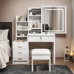 Coiffeuse 85x36x130 cm miroir LED 3 couleurs réglable, 4 tiroirs et vitrine verre, style rétro élégant blanc