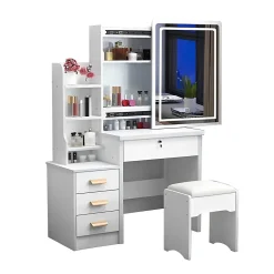 Coiffeuse 85x36x130 cm miroir LED 3 couleurs réglable, 4 tiroirs et vitrine verre, style rétro élégant blanc