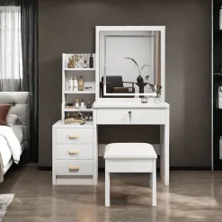 Coiffeuse 85x36x130 cm miroir LED 3 couleurs réglable, 4 tiroirs et vitrine verre, style rétro élégant blanc