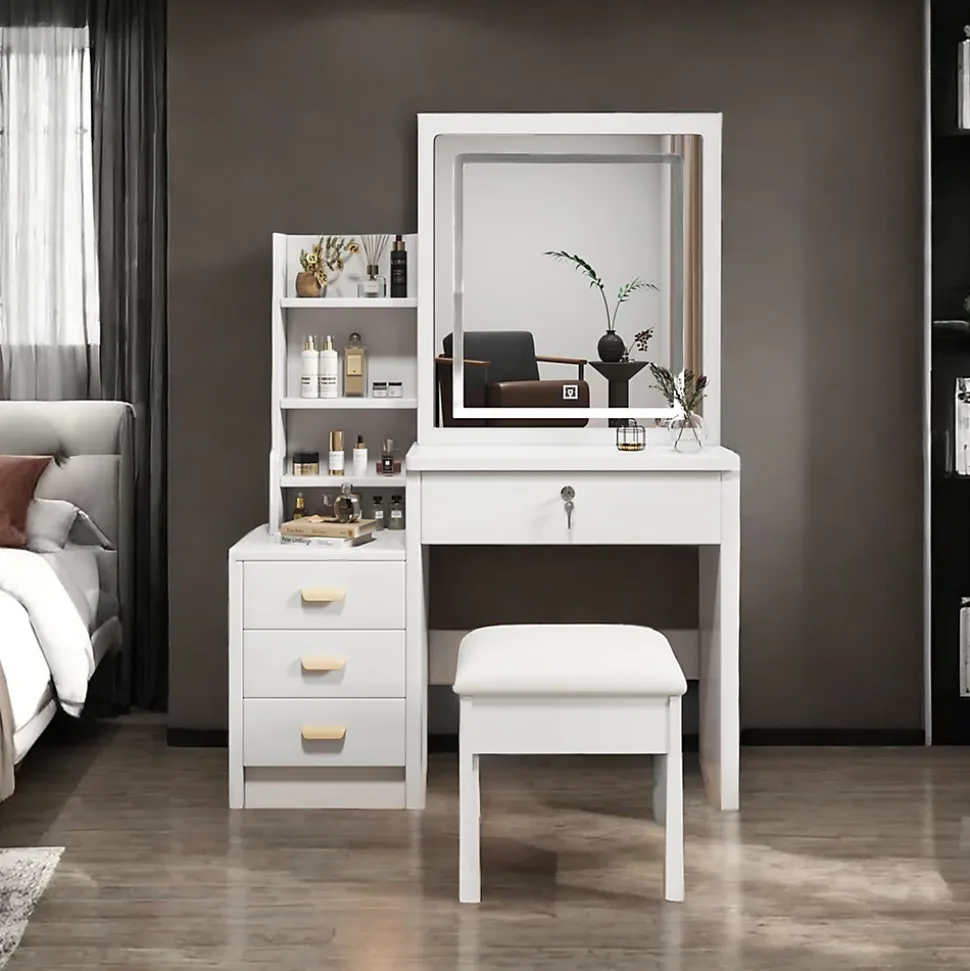 Coiffeuse 85x36x130 cm miroir LED 3 couleurs réglable, 4 tiroirs et vitrine verre, style rétro élégant blanc