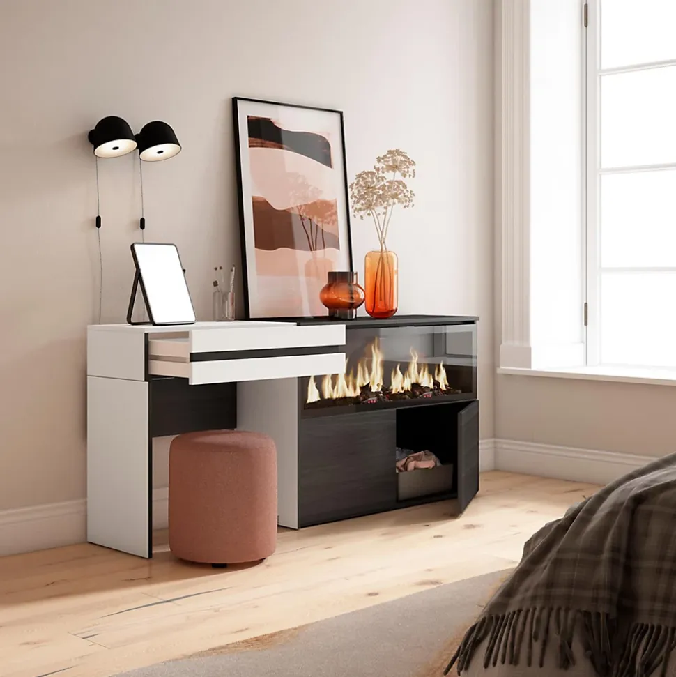 Coiffeuse 177x35x75cm avec tiroir feu led sans chaleur XXL blanc