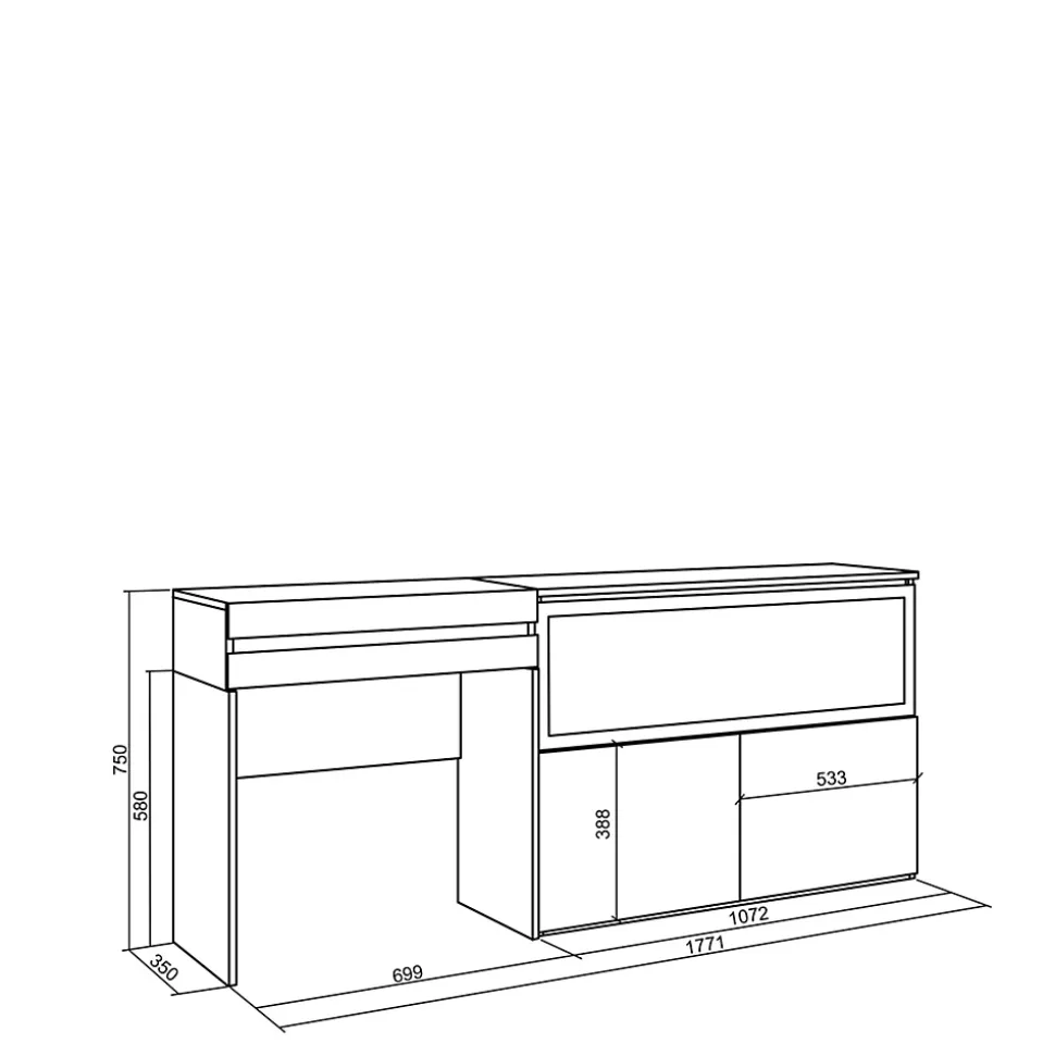 Coiffeuse 177x35x75cm avec tiroir feu led sans chaleur XXL blanc