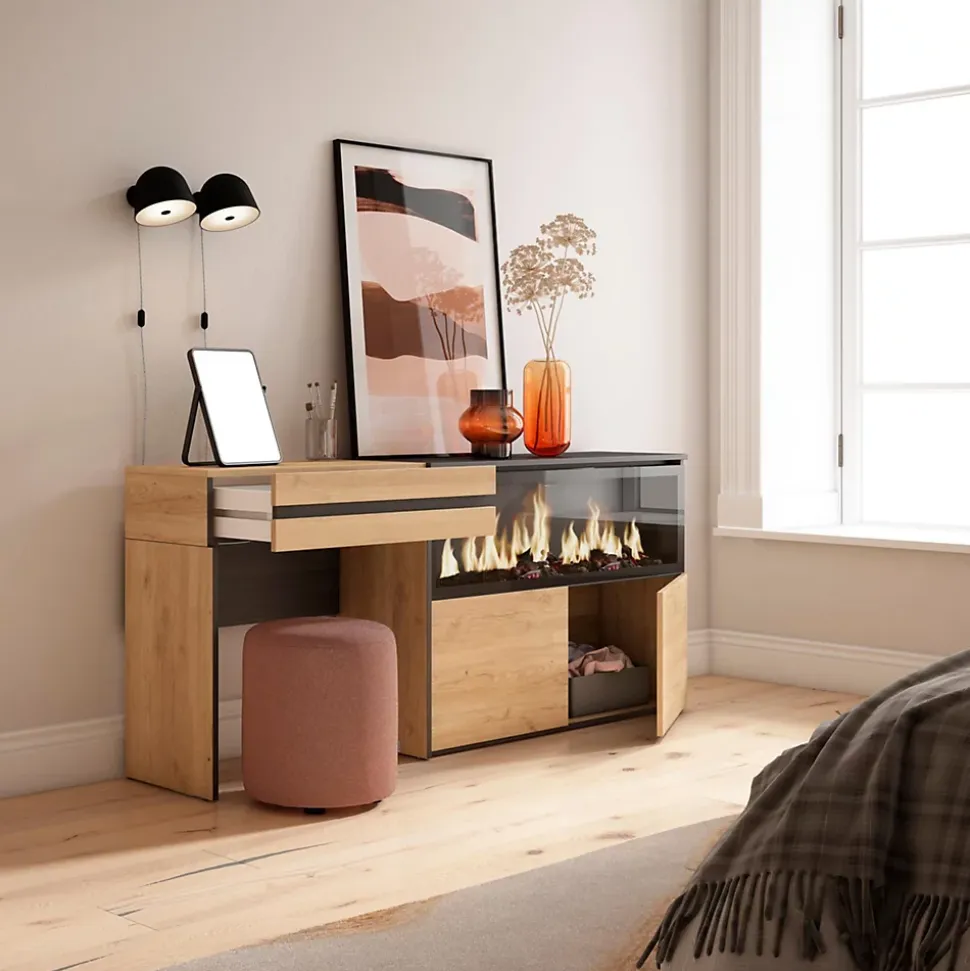 Coiffeuse 177x35x75cm avec tiroir feu led sans chaleur XXL chêne