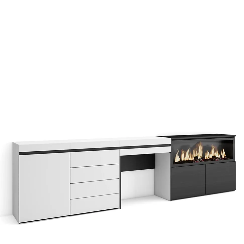 Coiffeuse 284x35x75cm feu led sans chaleur XXL commode buffet blanc