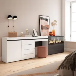 Coiffeuse 284x35x75cm feu led sans chaleur XXL commode buffet blanc