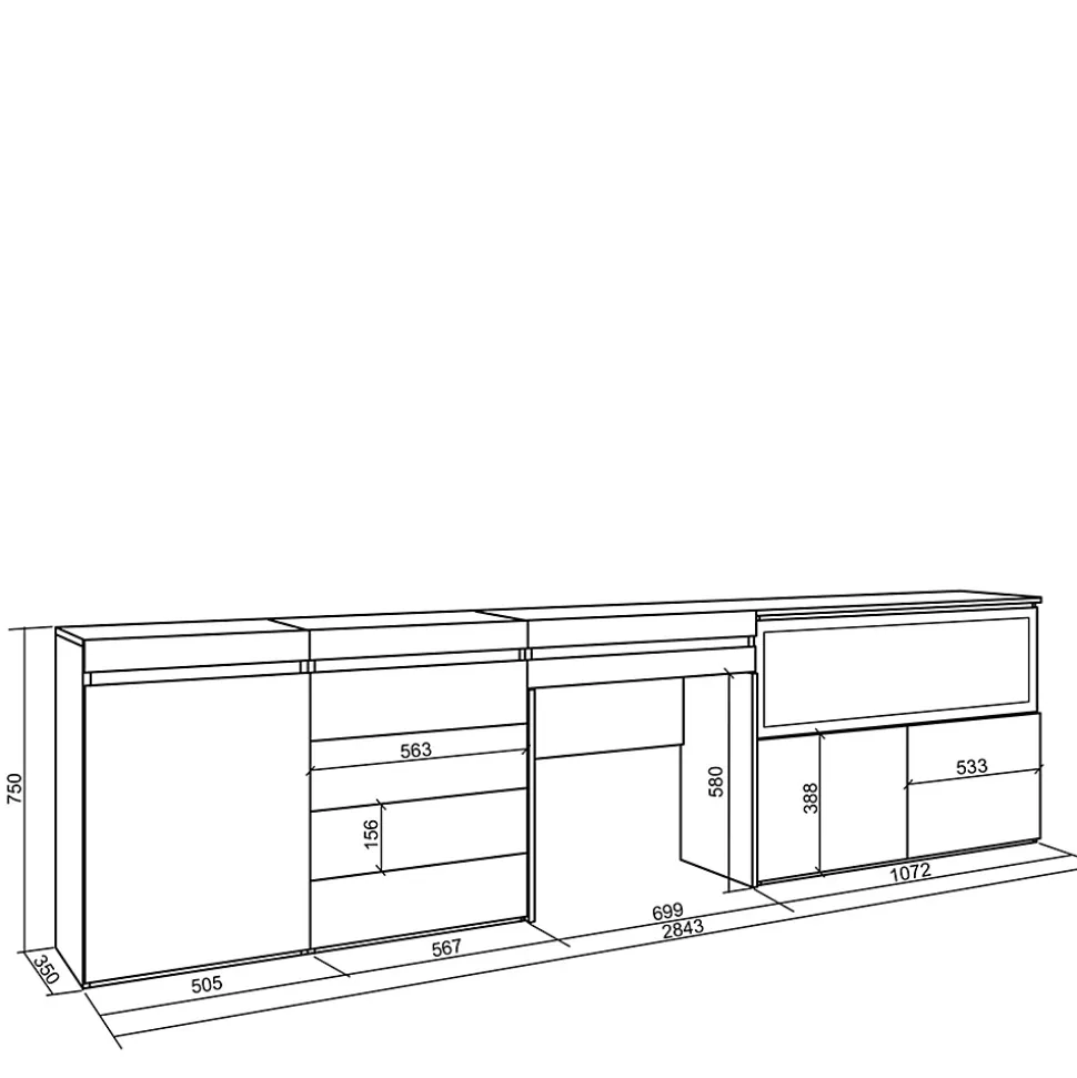 Coiffeuse 284x35x75cm feu led sans chaleur XXL commode buffet blanc