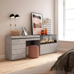 Coiffeuse 234x35x145cm feu led sans chaleur XXL commode buffet ciment