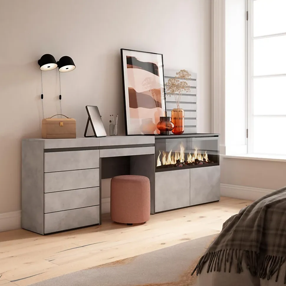 Coiffeuse 234x35x145cm feu led sans chaleur XXL commode buffet ciment