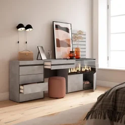 Coiffeuse 234x35x145cm feu led sans chaleur XXL commode buffet ciment
