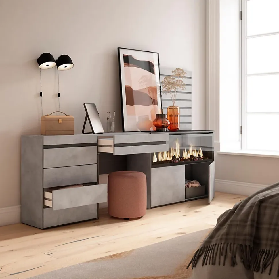 Coiffeuse 234x35x145cm feu led sans chaleur XXL commode buffet ciment