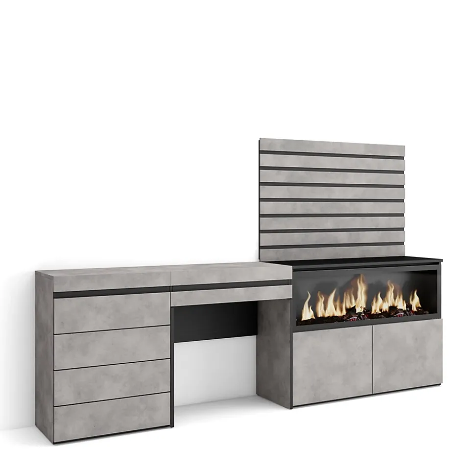 Coiffeuse 234x35x145cm feu led sans chaleur XXL commode buffet ciment