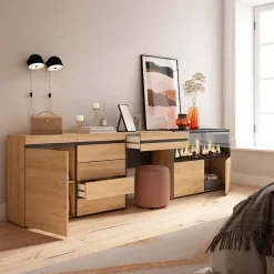 Coiffeuse 284x35x75cm feu led sans chaleur XXL commode buffet chêne