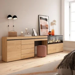 Coiffeuse 284x35x75cm feu led sans chaleur XXL commode buffet chêne