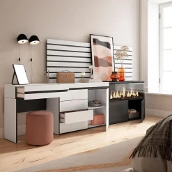 Coiffeuse 284x35x145cm feu led sans chaleur XXL commode buffet blanc