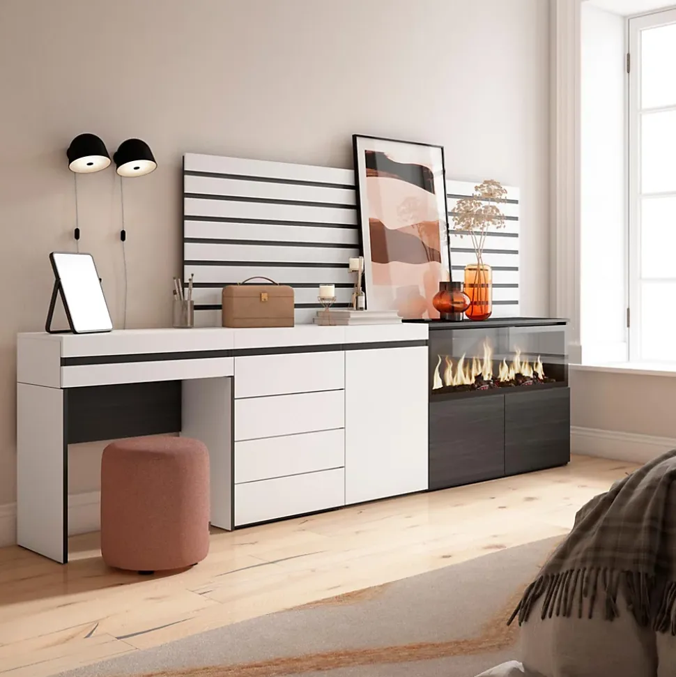 Coiffeuse 284x35x145cm feu led sans chaleur XXL commode buffet blanc
