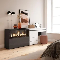 Coiffeuse 234x35x75cm feu led sans chaleur XXL commode buffet blanc