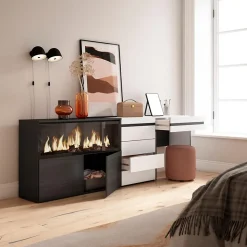 Coiffeuse 234x35x75cm feu led sans chaleur XXL commode buffet blanc