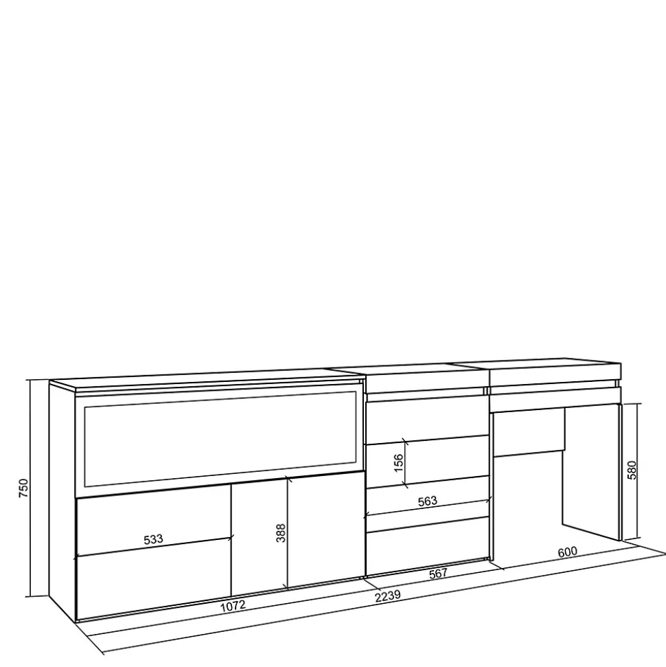 Coiffeuse 234x35x75cm feu led sans chaleur XXL commode buffet gris