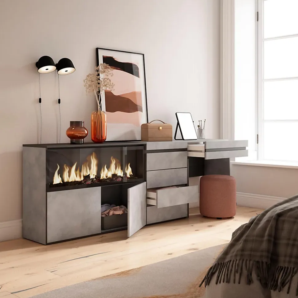 Coiffeuse 234x35x75cm feu led sans chaleur XXL commode buffet gris