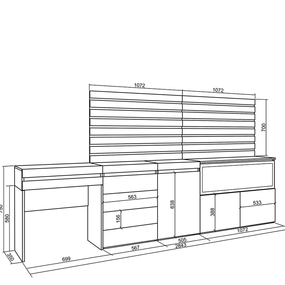 Coiffeuse 284x35x145cm feu led sans chaleur XXL commode buffet chêne