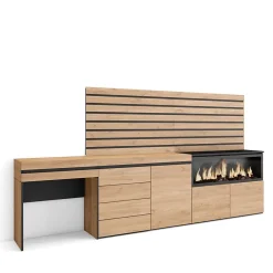 Coiffeuse 284x35x145cm feu led sans chaleur XXL commode buffet chêne