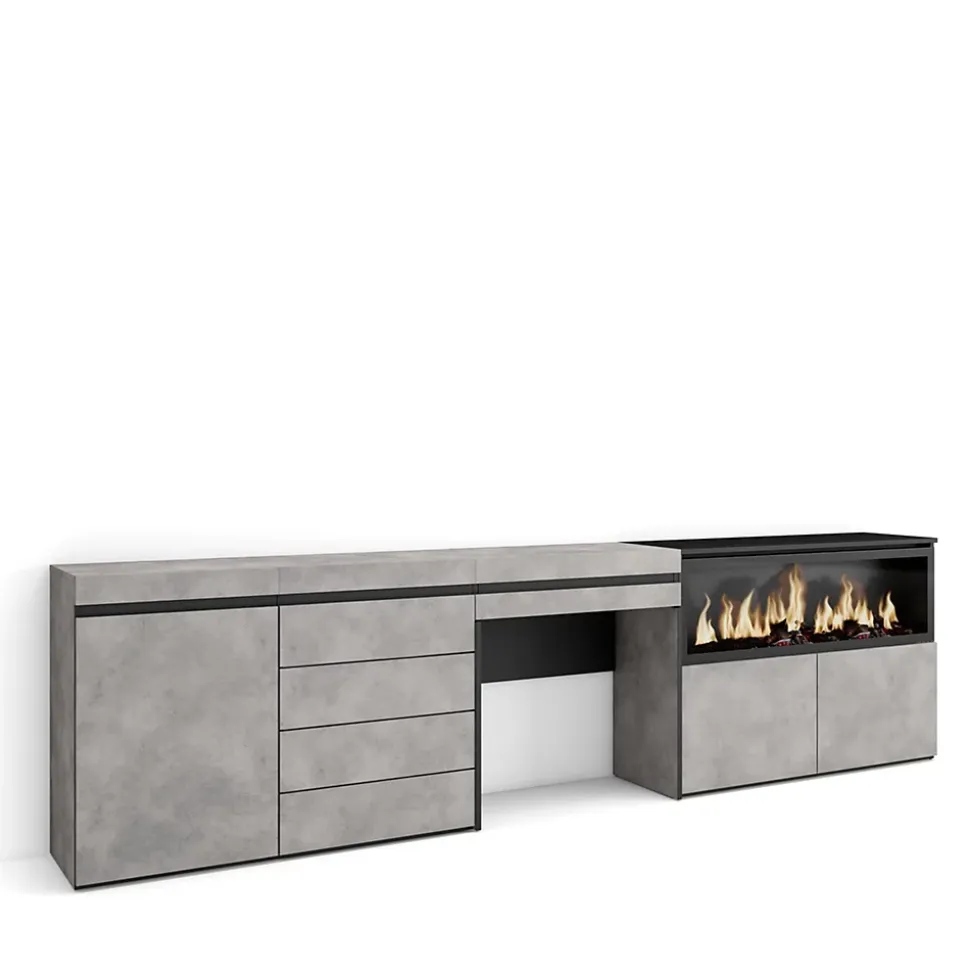 Coiffeuse 284x35x75cm feu led sans chaleur XXL commode buffet gris