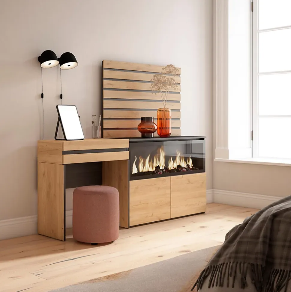 Coiffeuse 177x35x145cm feu led sans chaleur XXL panneaux couleur chêne