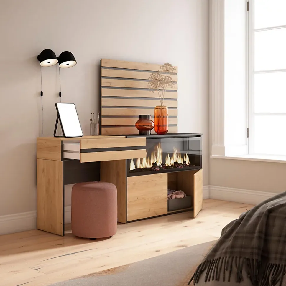 Coiffeuse 177x35x145cm feu led sans chaleur XXL panneaux couleur chêne