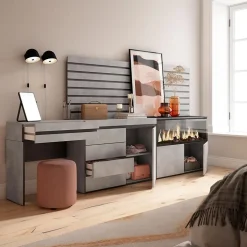 Coiffeuse 284x35x145cm feu led sans chaleur XXL commode buffet gris