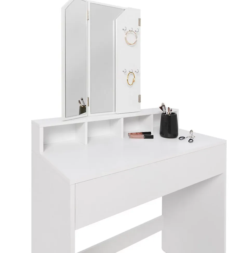 Coiffeuse ZELIA 3 miroirs avec 4 niches, 1 tiroir et tabouret