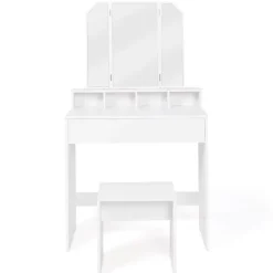 Coiffeuse ZELIA 3 miroirs avec 4 niches, 1 tiroir et tabouret