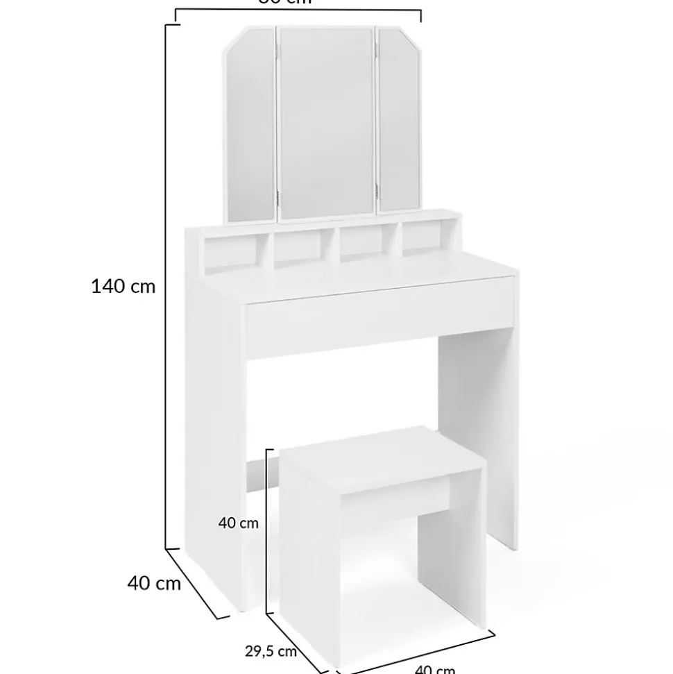 Coiffeuse ZELIA 3 miroirs avec 4 niches, 1 tiroir et tabouret