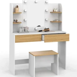 Coiffeuse ZELIA blanc et hêtre table de maquillage 4 étagères, miroir LED et tabouret