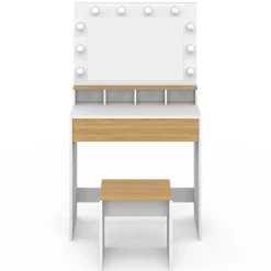 Coiffeuse ZELIA blanc et hêtre miroir LED avec 4 niches, 1 tiroir et tabouret