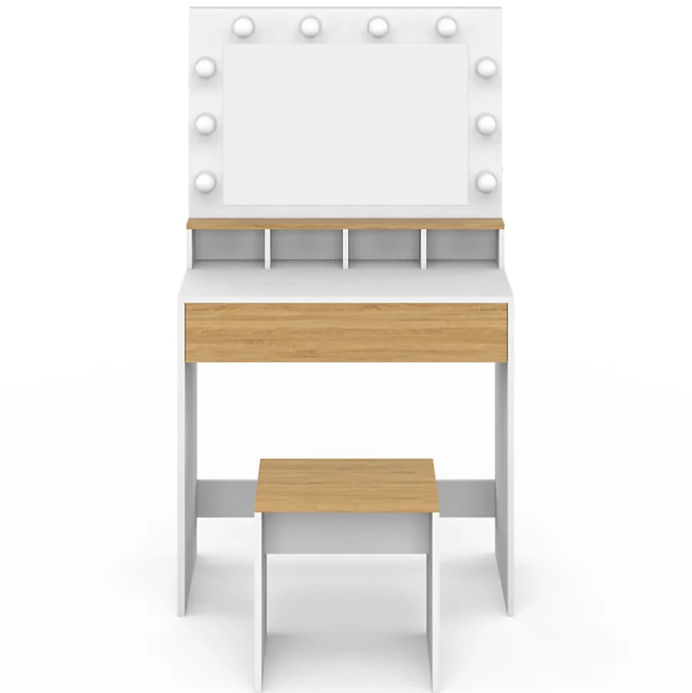 Coiffeuse ZELIA blanc et hêtre miroir LED avec 4 niches, 1 tiroir et tabouret