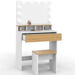 Coiffeuse ZELIA blanc et hêtre miroir LED avec 4 niches, 1 tiroir et tabouret