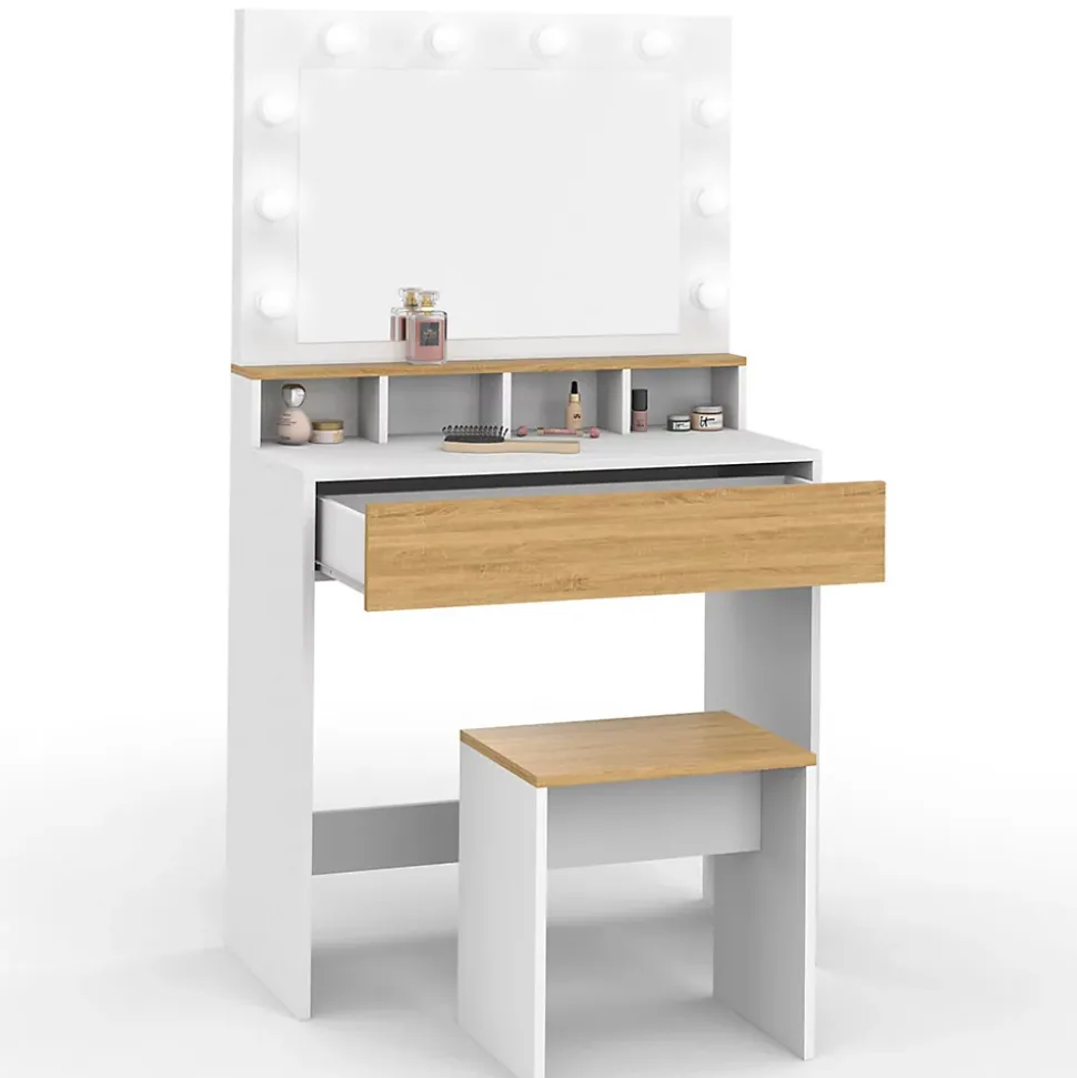 Coiffeuse ZELIA blanc et hêtre miroir LED avec 4 niches, 1 tiroir et tabouret